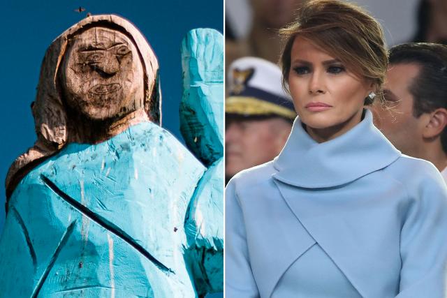 تمثال لميلانيا ترامب  وهي ترتدي الزي الأزرق