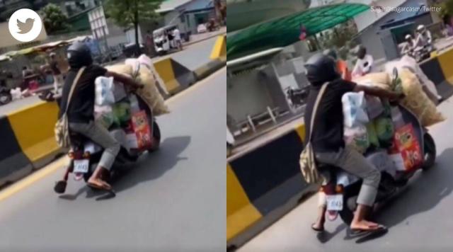 شاب يستقل دراجة بخارية مكتظة بالبضائع.. والشرطة توجه له نصيحة.. فيديو