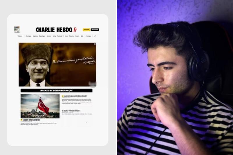 الهاكر التركي مع صفحة موقع شارلي إيبدو التي تم اختراقها (الصحافة التركية)