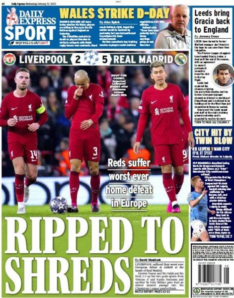 ليفربول تعرض للإهانة.. الصحف الإنجليزية تسخر من سقوط «الريدز» أمام ريال مدريد