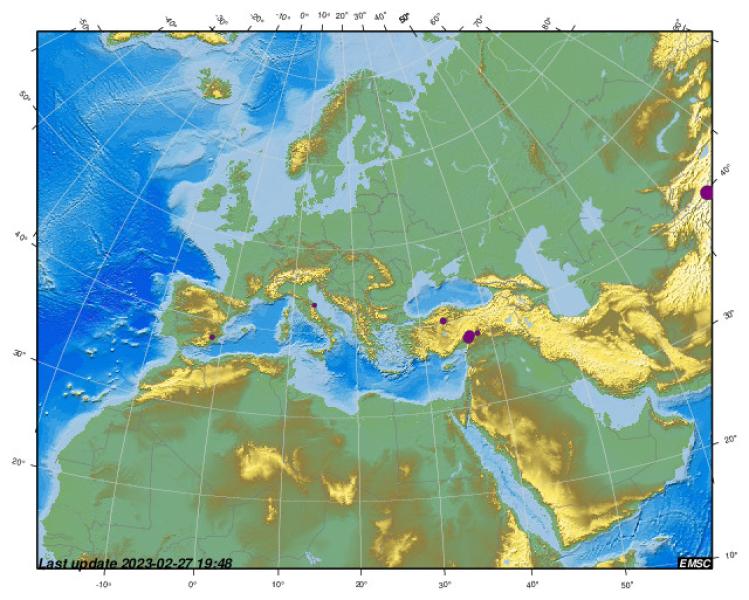 9 زلازل على هذه الخريطة (مركز رصد الزلازل الأوروبي المتوسطي)