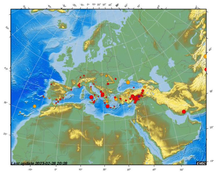 250 زلزالا على هذه الخريطة (مركز رصد الزلازل الأوروبي المتوسطي)