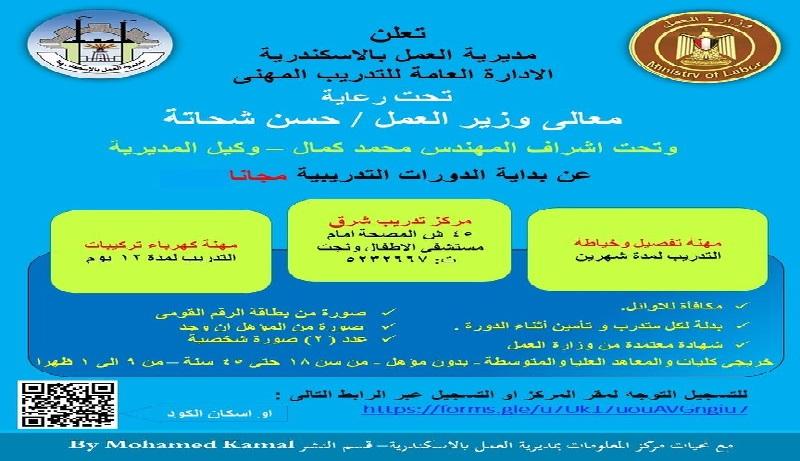 وزارة العمل تدعو شباب الإسكندرية للتقديم في دورات تدريب مهني مجاني