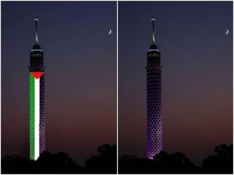 صورة لإضاءة برج القاهرة بالعلم الفلسطيني