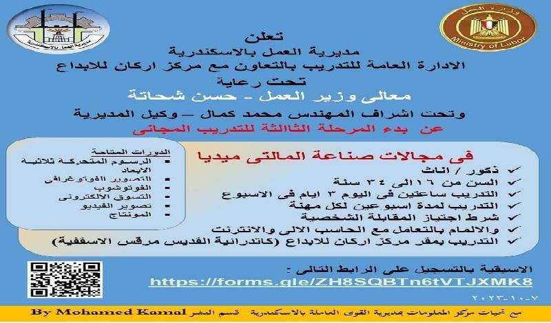 وزارة العمل: بدء التسجيل على دورات ”مالتى ميديا” لشباب الإسكندرية 