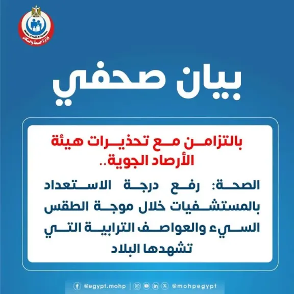 الصحة: رفع درجة الاستعداد بالمستشفيات خلال موجة الطقس السيئ والعواصف الترابية