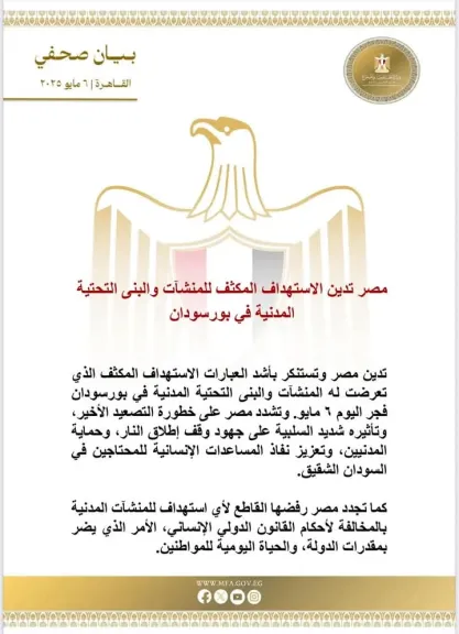 مصر تدين الاستهداف المكثف للمنشآت والبنى التحتية المدنية في بورسودان