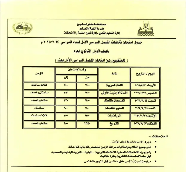 تعرف على مواعيد أداء طلاب الصف الأول والثاني الثانوي بكفر الشيخ