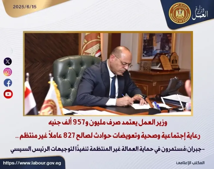 وزير العمل يعتمد صرف مليون و957 ألف جنيه رعاية اجتماعية وصحية وتعويضات حوادث لصالح 827 عاملًا غير منتظم