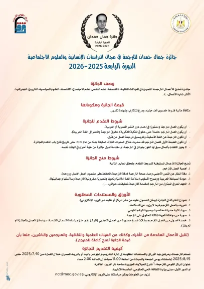 التفاصيل الكاملة لجوائز المركز القومى للترجمة فى دورته الرابعة السنوية 2025-2026.