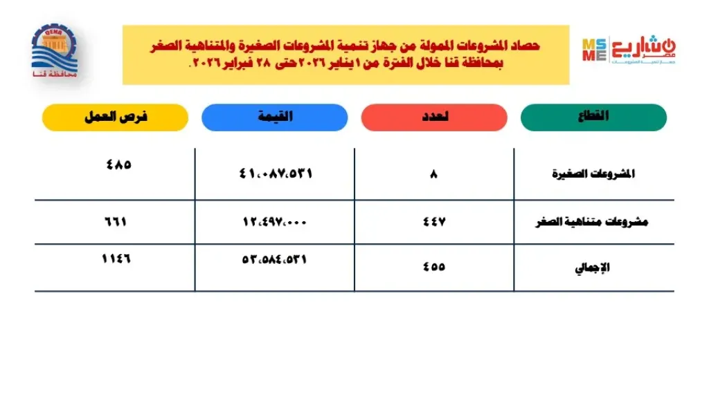 دعم المشروعات الصغيرة ومتناهية الصغر بقنا 53.5 مليون جنيه