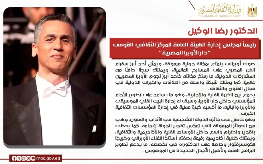 تعيين الدكتور رضا الوكيل رئيساً لـ ”دار الأوبرا المصرية”.. وياسر شعلان رئيساً للإدارة المركزية للموسيقى والباليه