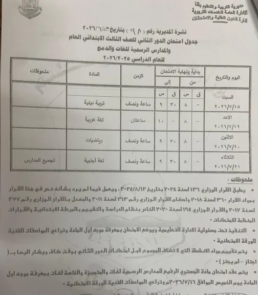 تعليم قنا يعتمد جداول إمتحانات الدور الثاني لصفوف النقل والشهادة الإعدادية للعام الدراسي 2025/2026