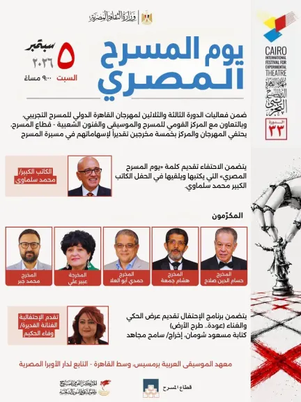 غدًا السبت.. احتفال المركز القومي للمسرح بالتعاون مع مهرجان القاهرة الدولي للمسرح التجريبي ب(يوم المسرح المصري)