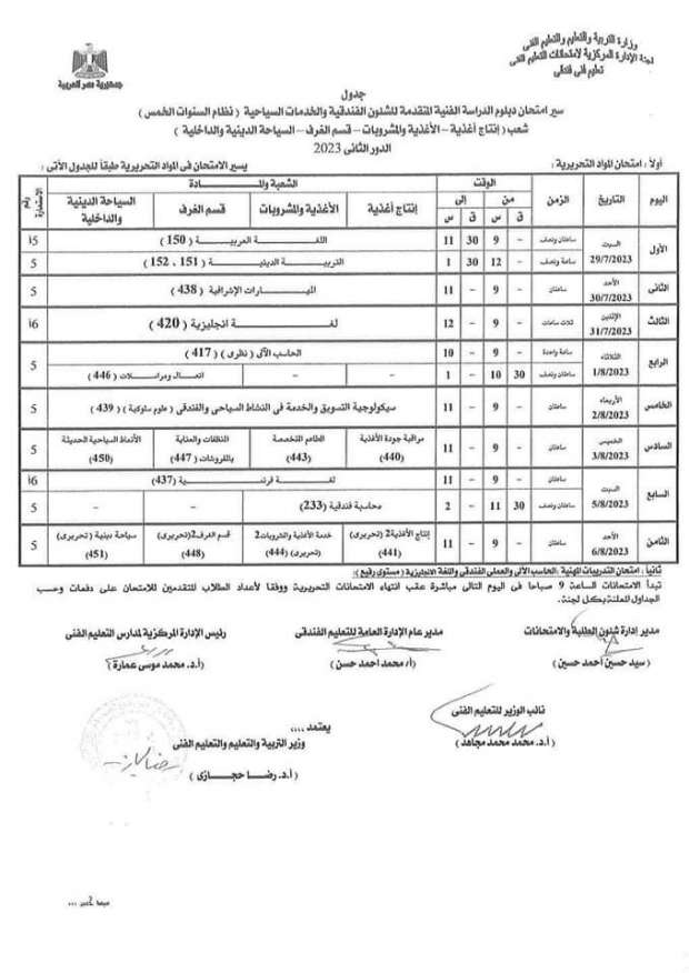 جدول امتحانات الدبلومات الفنية الدور الثاني 2023